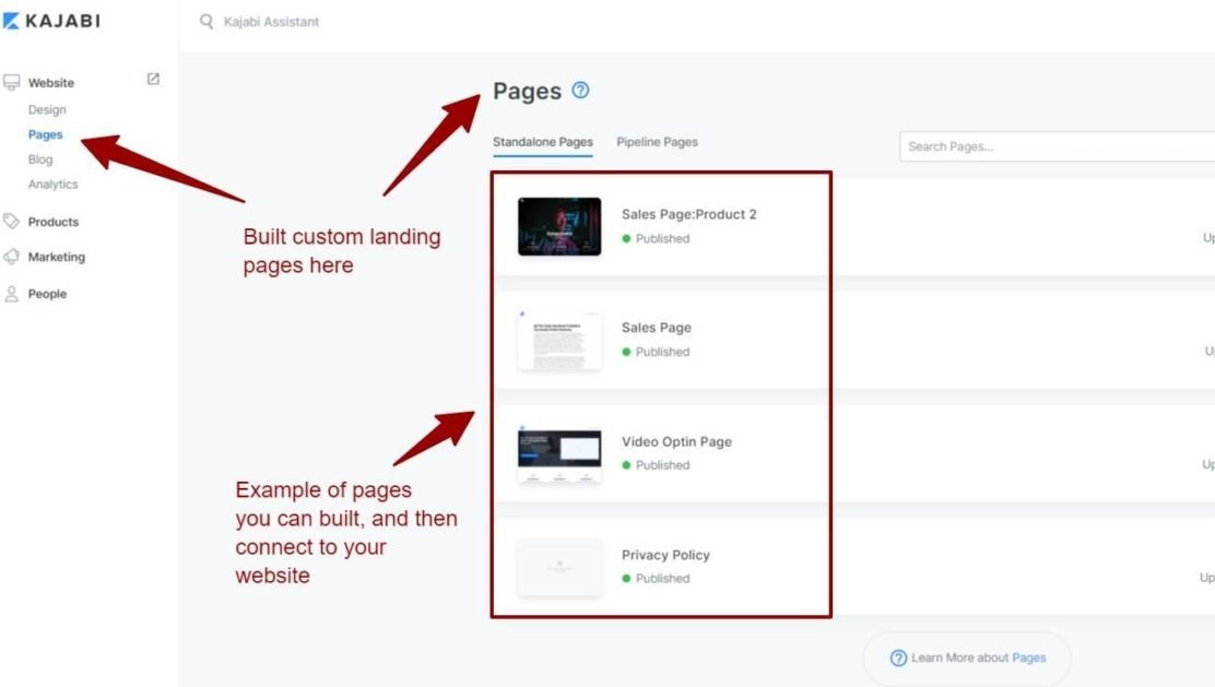 image 2 Need a totally new page from scratch? Kajabi allows you to do that, and that’s where landing pages or standalone pages come in.