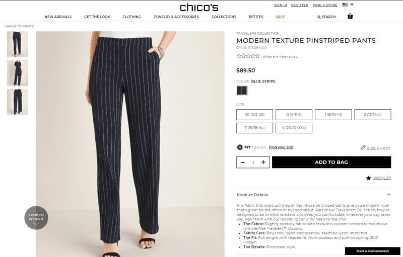 img 5eff6f1104936 Screenshot of Chico's product description and image of pinstripe pants