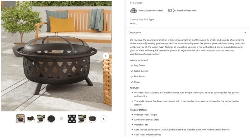 img 5eff6f13052c4 Screenshot of Wayfair's product description of a fire pit.
