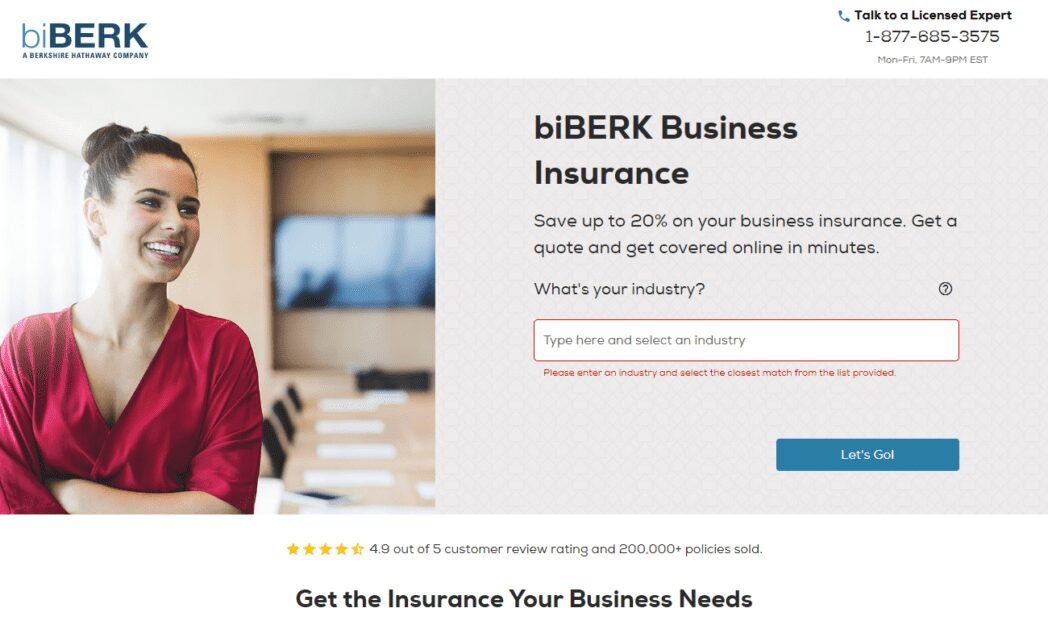www.biberk.com get a quote biberk business insurance Screenshot BiBERK Business Insurance Homepage