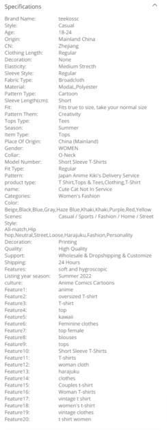 Aliexpress shirt specs AliExpress Product Details