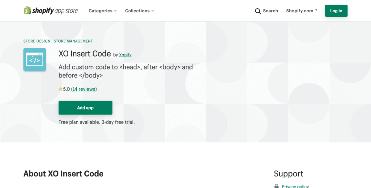 apps.shopify.com insert code to header and footerScreenshot Shopify XO Code