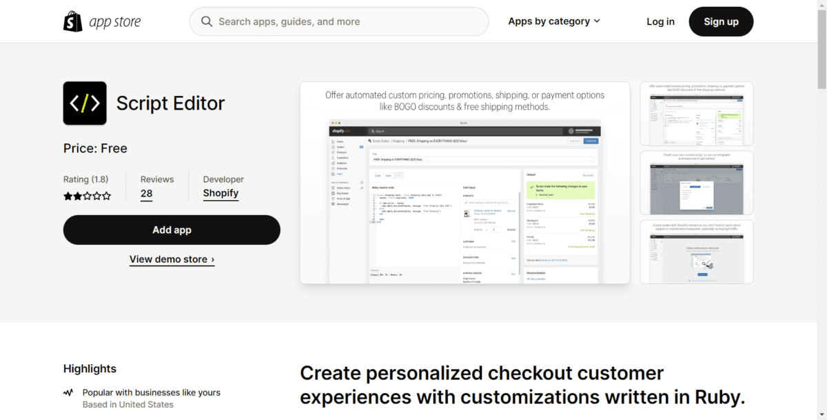 apps.shopify.com script editorScreenshot Shopify Plus Script Editor