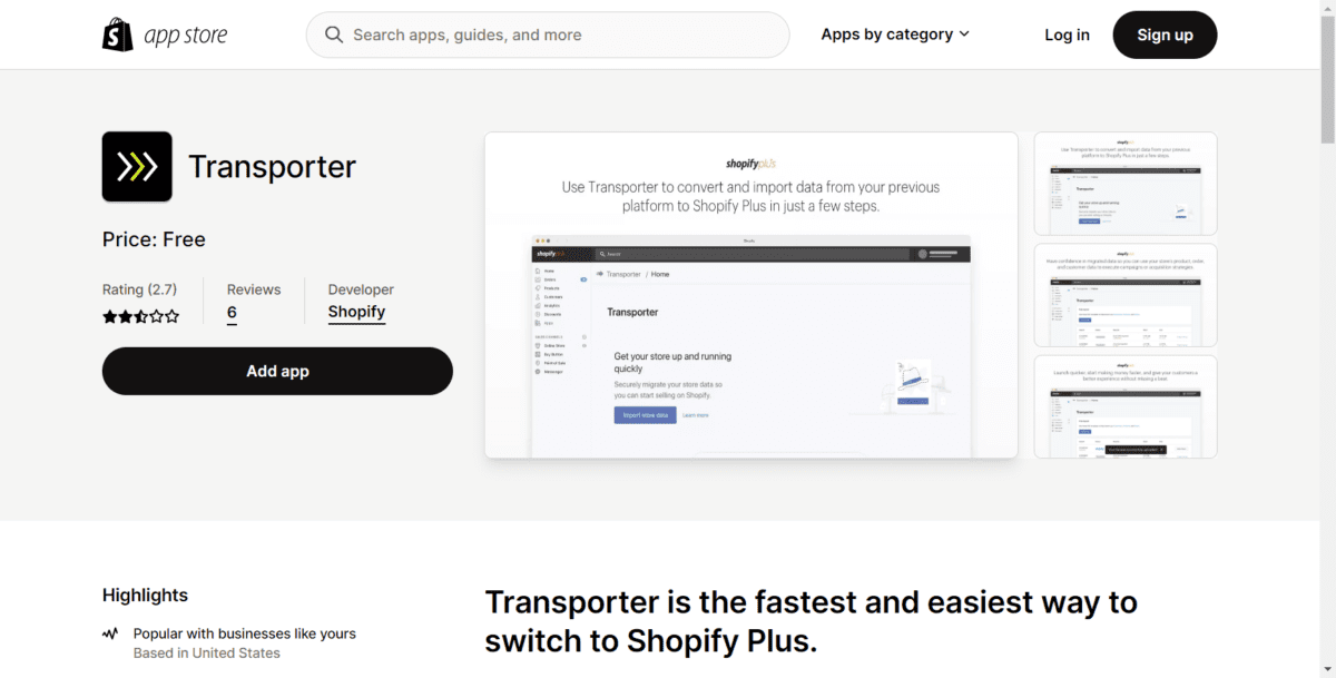 apps.shopify.com transporterScreenshot Transporter App