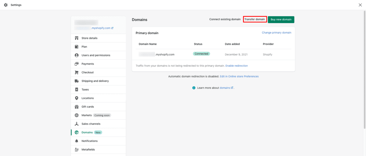 Domains Transfer domain Shopify Point Domain to Shopify