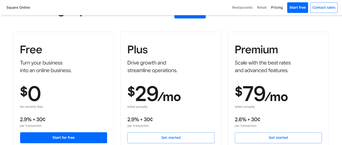 image Square Online Store Pricing Plans