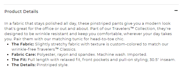 img 5eff6f11e6cb7 Screenshot of just the product details of the Chico's pinstripe pant