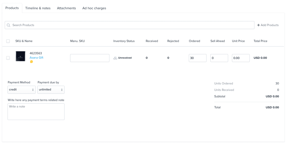 Inventory PO Simpl Fulfillment Inbound Purchase Order