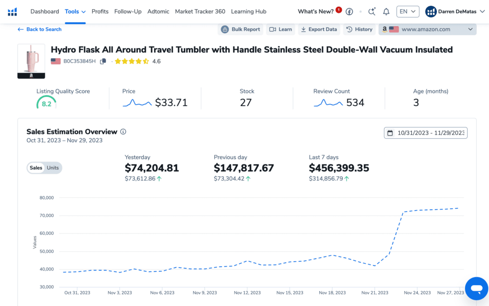 Listing Analyzer Helium 10 sales history