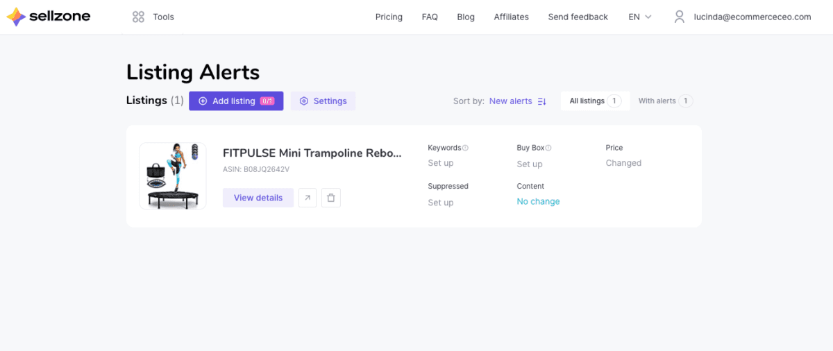 Listing Protection – Sellzone 1 Amazon Listing Alerts Dashboard