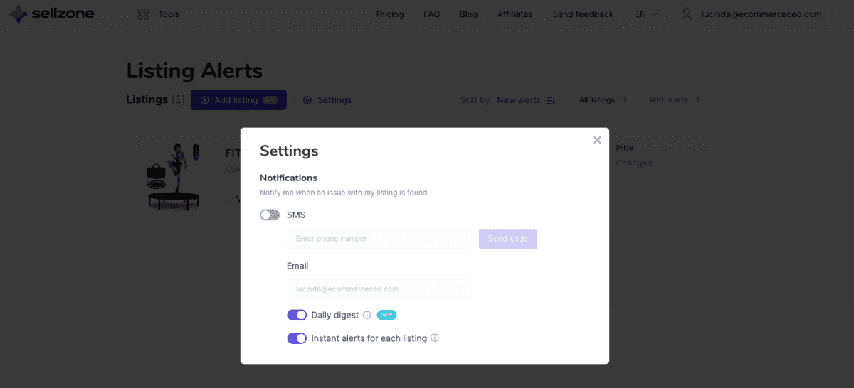 Listing Protection – Sellzone 2 Amazon Listing Alerts settings
