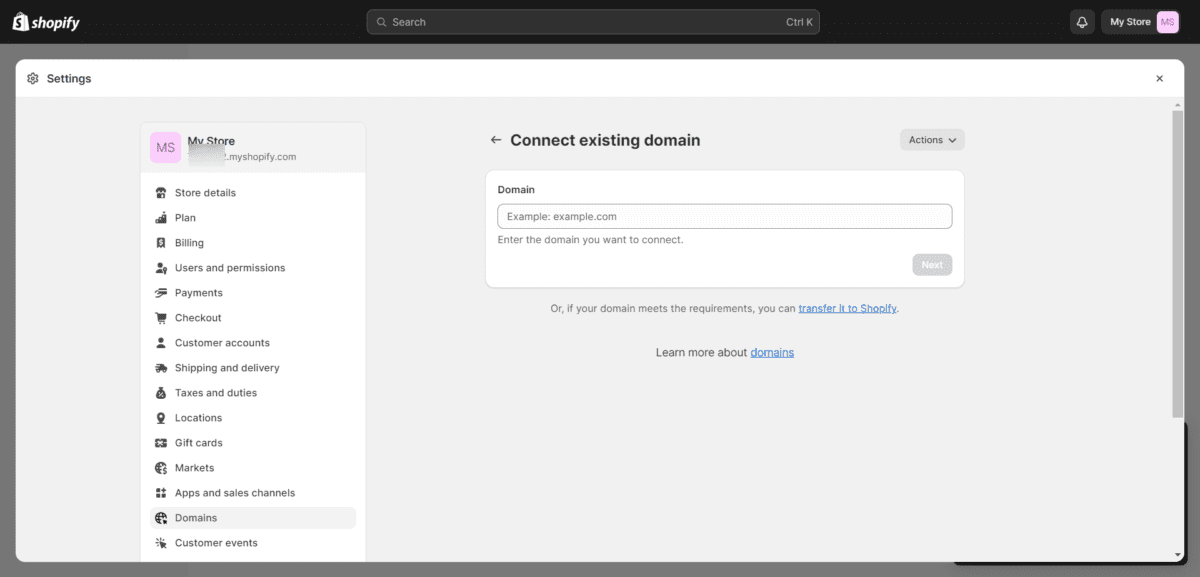 My Store · Domains · Connect existing domain · Shopify Shopify Connect Existing Domain