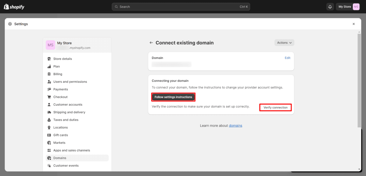 My Store · Domains · Connect existing domain · Verify Connection Shopify Connect Existing Domain Verify Connection