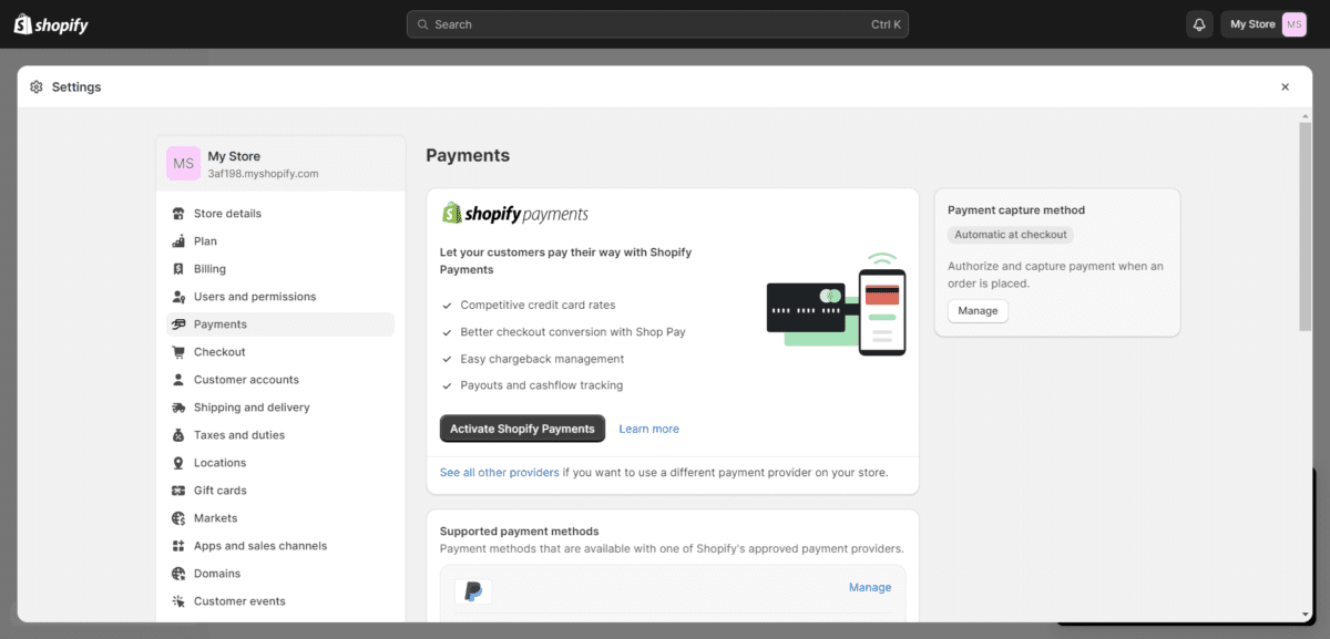My Store · Payments · Shopify Set Up Shopify Payments