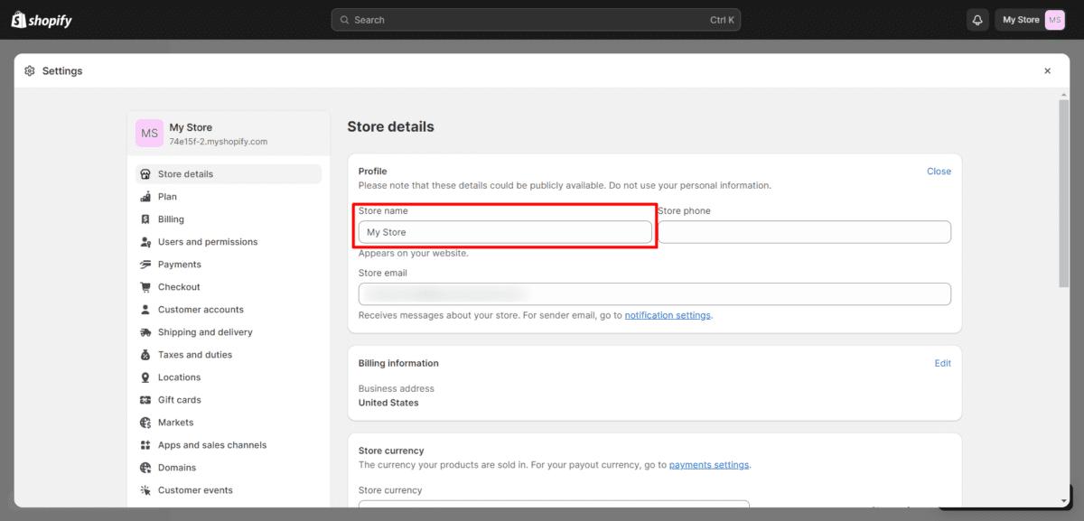 My Store · Store details · Shopify 1 2 Shopify Dashboard Change Store Name