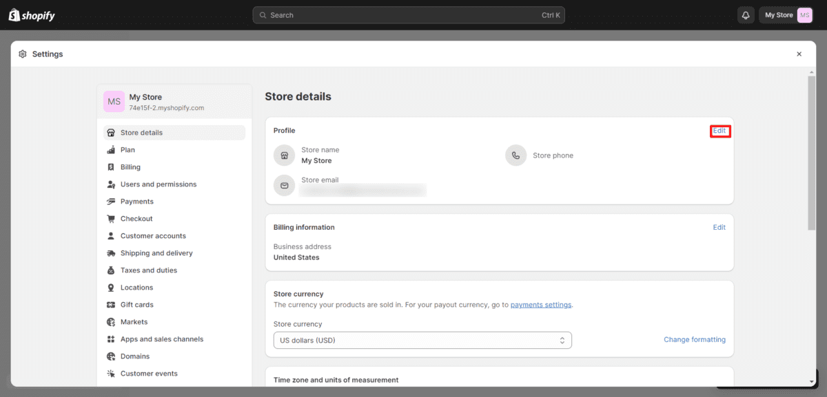 My Store · Store details · Shopify Shopify Dashboard Edit Profile