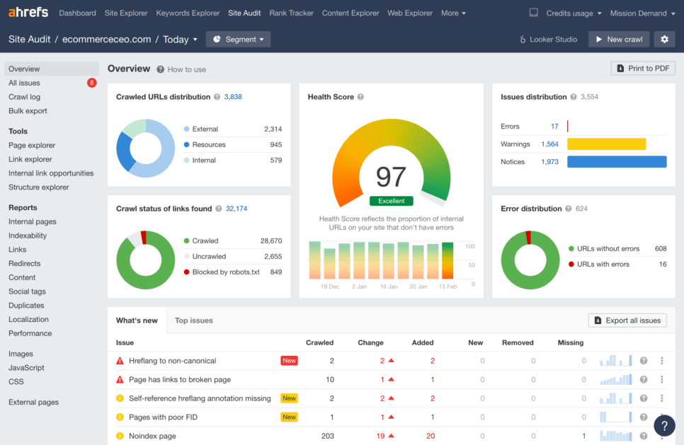 Overview — ecommerceceo.com Ahrefs Site Audit