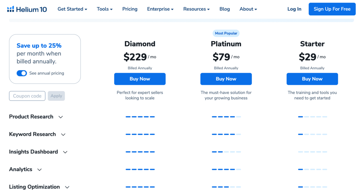 Plans Pricing Free Starter Platinum Diamond Custom Helium 10 Helium 10 Pricing Plans