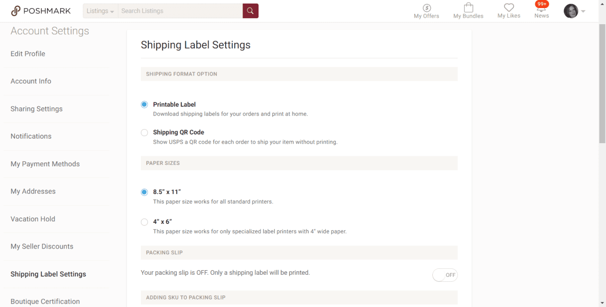poshmark.com user shipping label settingsScreenshot Poshmark Shipping Label Settings