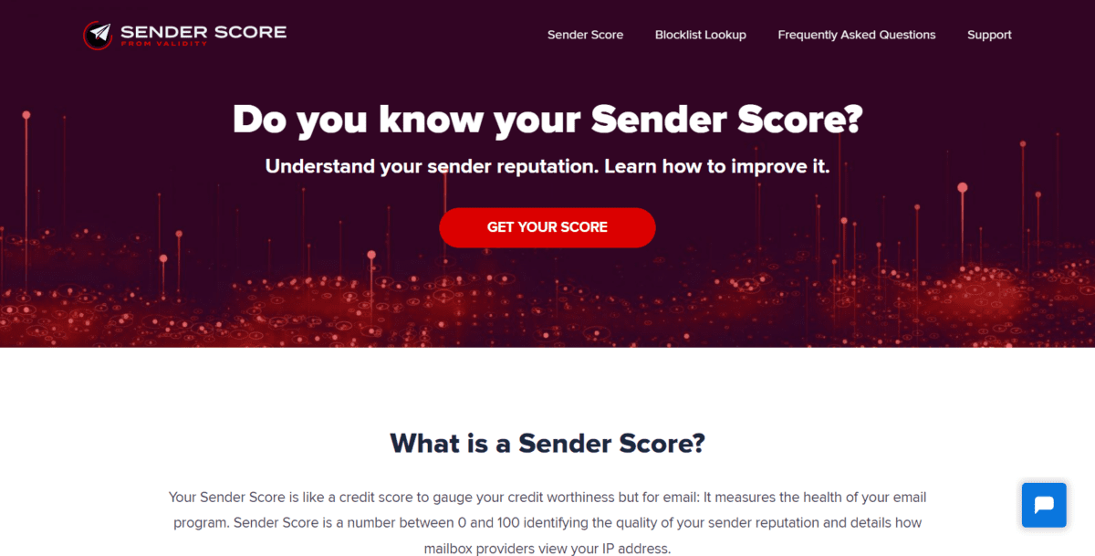 senderscore.org Screenshot Sender Score from Validity Homepage