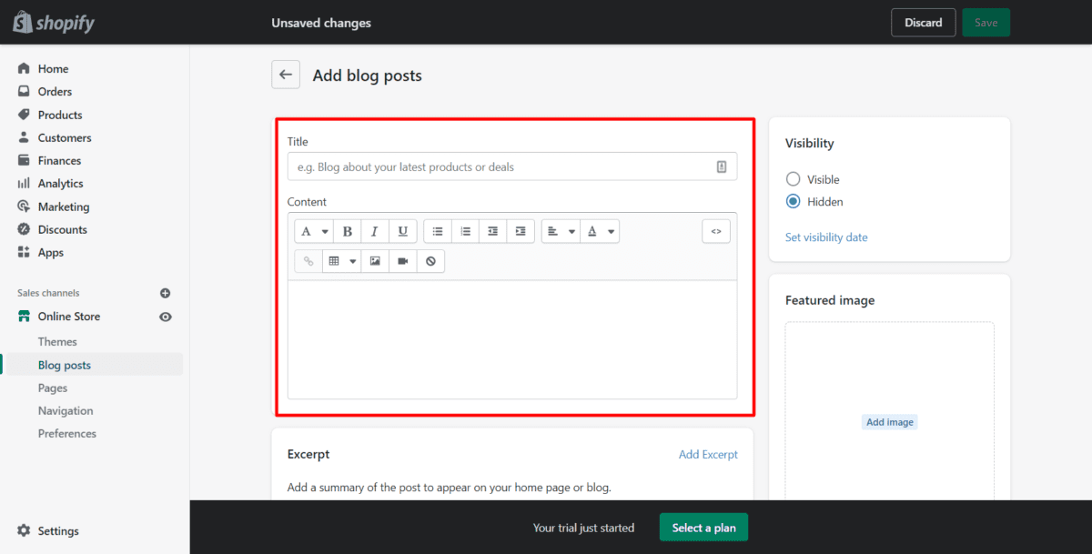 Shopify Blog Post Title and Content Enter the content in the Content field.