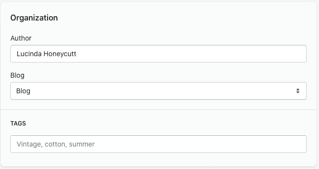 Shopify Blogging Organization Select Blog from the drop down menu in the Organization section