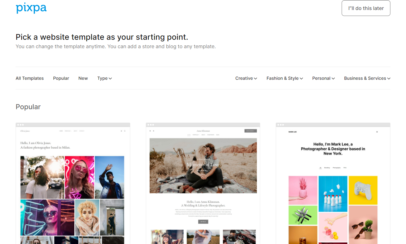 studio.pixpa .com choose themeScreenshot Pixpa Choose Theme