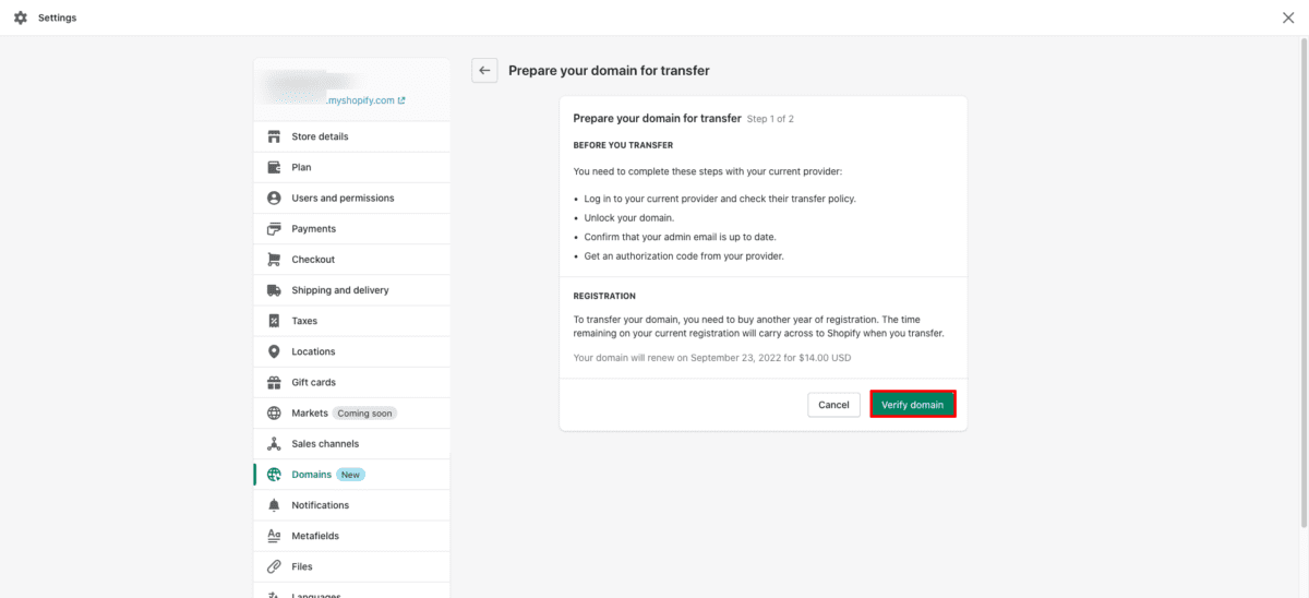 Transfer domain Shopify Verify Domain