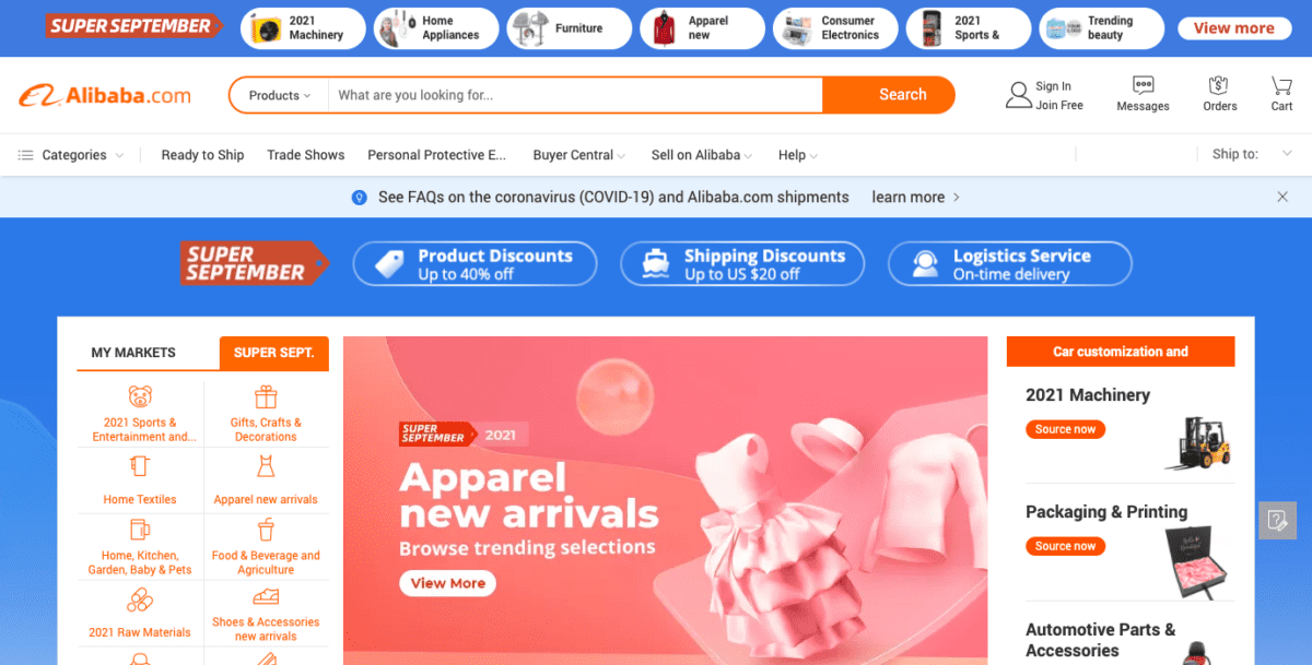 www.alibaba.com Screenshot Alibaba Homepage