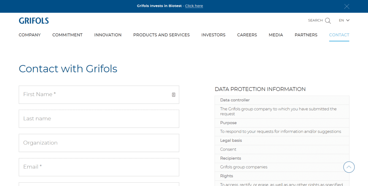 www.grifols.com en contactScreenshot 1 Ensure visitors can contact you