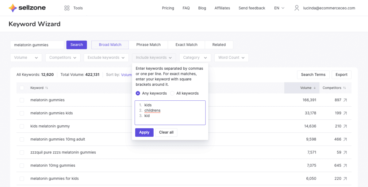 www.sellzone.com amazon keyword wizard qmelatonin20gummiesmtbroadMatchfvolumeodescp1Screenshot 1 Sellzone Keyword Wizard Tool Include/Exclude Keywords