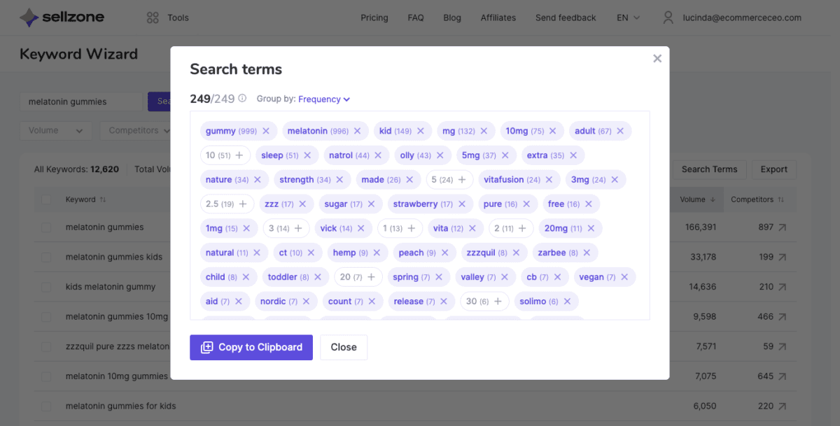 www.sellzone.com amazon keyword wizard qmelatonin20gummiesmtbroadMatchfvolumeodescp1Screenshot 2 Amazon Keyword Wizard Keyword List