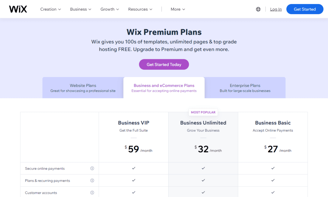 www.wix .com upgrade websiteScreenshot Wix Pricing