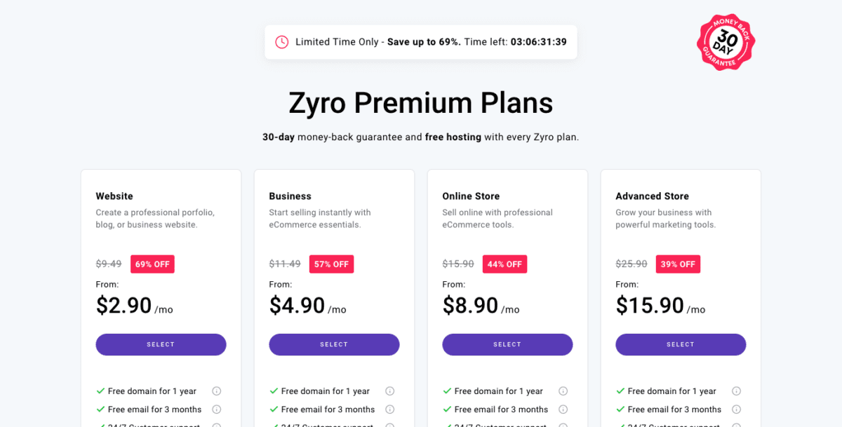 zyro.com pricingScreenshot 1 Zyro Pricing Plans