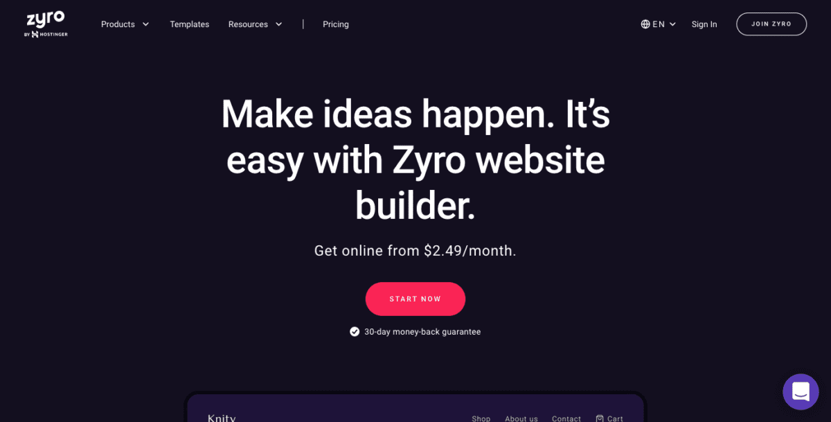 zyro.com Screenshot Zyro website builder homepage